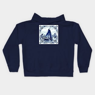 Dutch Blue Delft Windmills and Sailboats Print Kids Hoodie